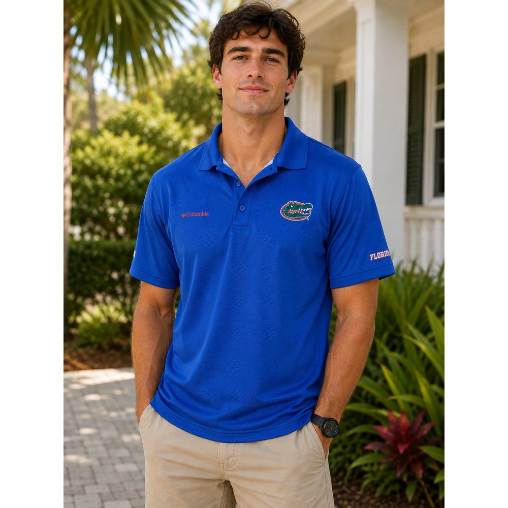 Columbia PFG Polo Shirt Men Large Blue Florida Gators Vented Omni-Shade NCAA